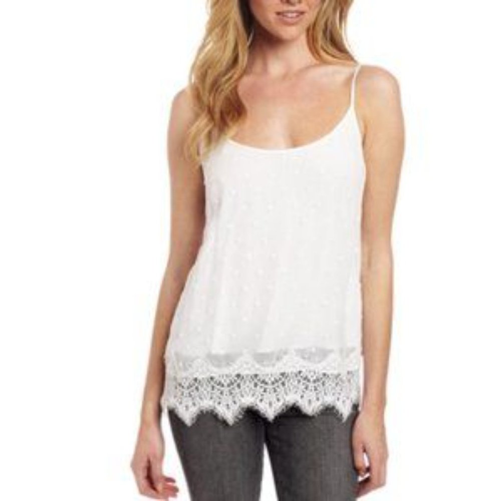 Lucky Brand Swiss Dot White Camisole With Lace Hem & Cotton Lining Sz XS- NWT